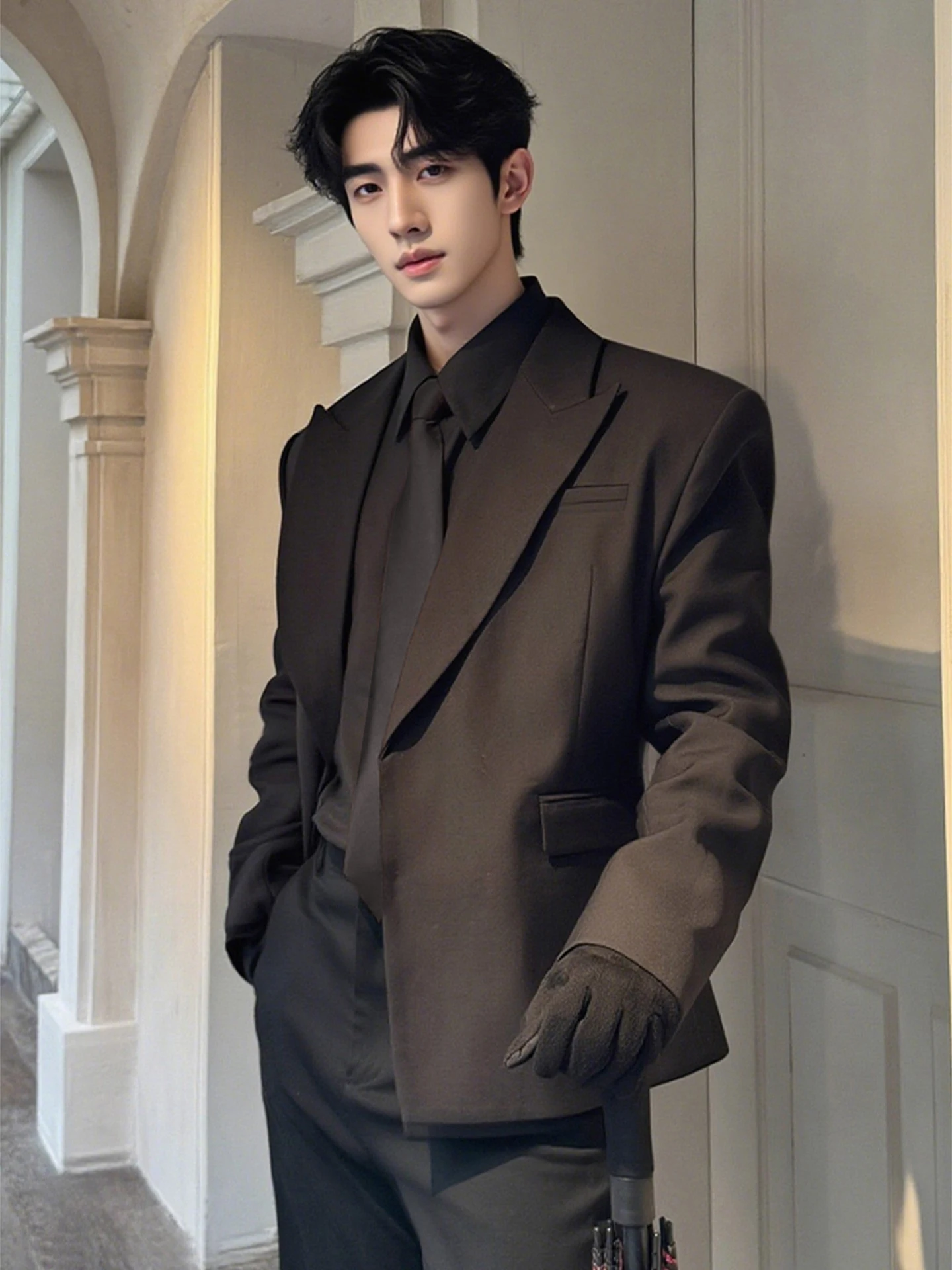 

Naples Bla Casual Suit Jaet for Men oulder Pad Gunloe Notch Collar Ele Briti Sle Youthful Trendy Winter Wear