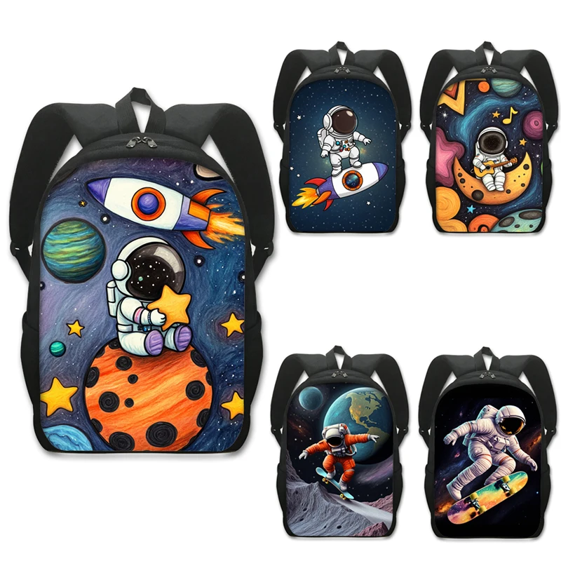 

Astronaut Rocket Skateboard Guitar in Space Print Backpack Young Men Women Rucksack Large Capacity School Bags for Teens Bookbag