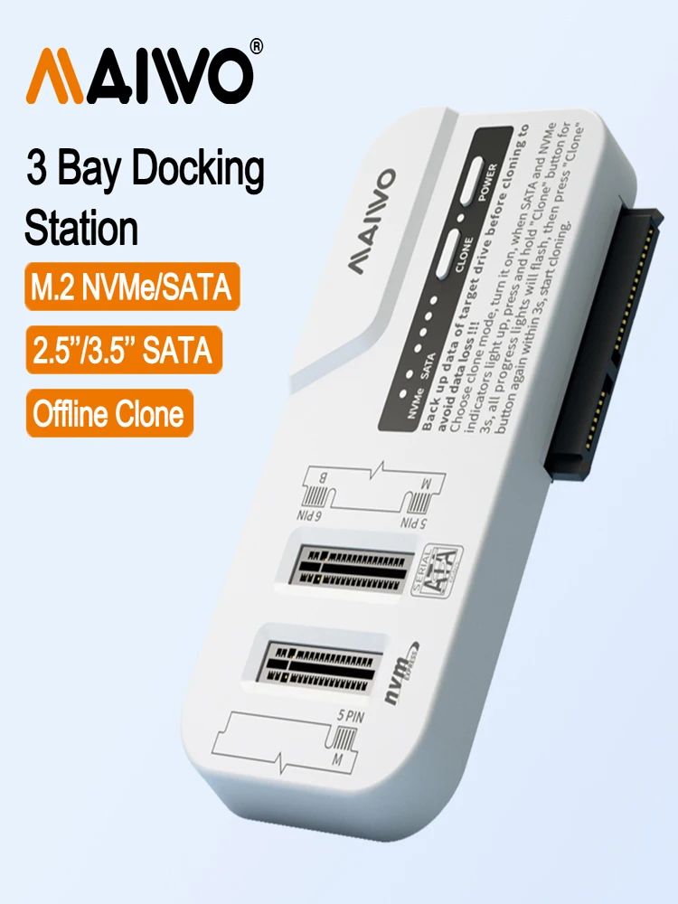 Obudowa MAIWO na 3 dyski 2.5/3.5 cala HDD, obudowa na dyski M.2 NVMe/SATA SSD z funkcją klonowania offline, USB3.2 Type-C Gen2 10Gbps, zewnętrzna obudowa na HDD/SSD — zdjęcie produktu 7