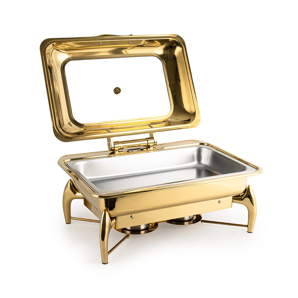 

6L Hydraulic Gold Round Hot Pot with Glass Cover Buffet Set Induction and Fuel Use Elegant Luxury Food Warmer