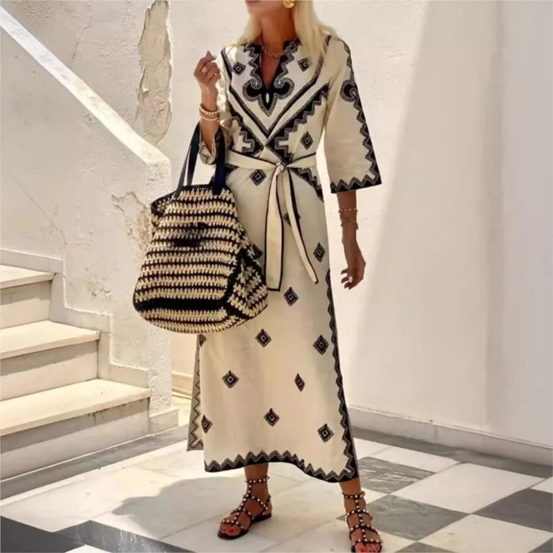 2025, dames lente herfst nieuwe modieuze bedrukte tailleband riem casual losse riem retro vijf minuten mouw lange jurk