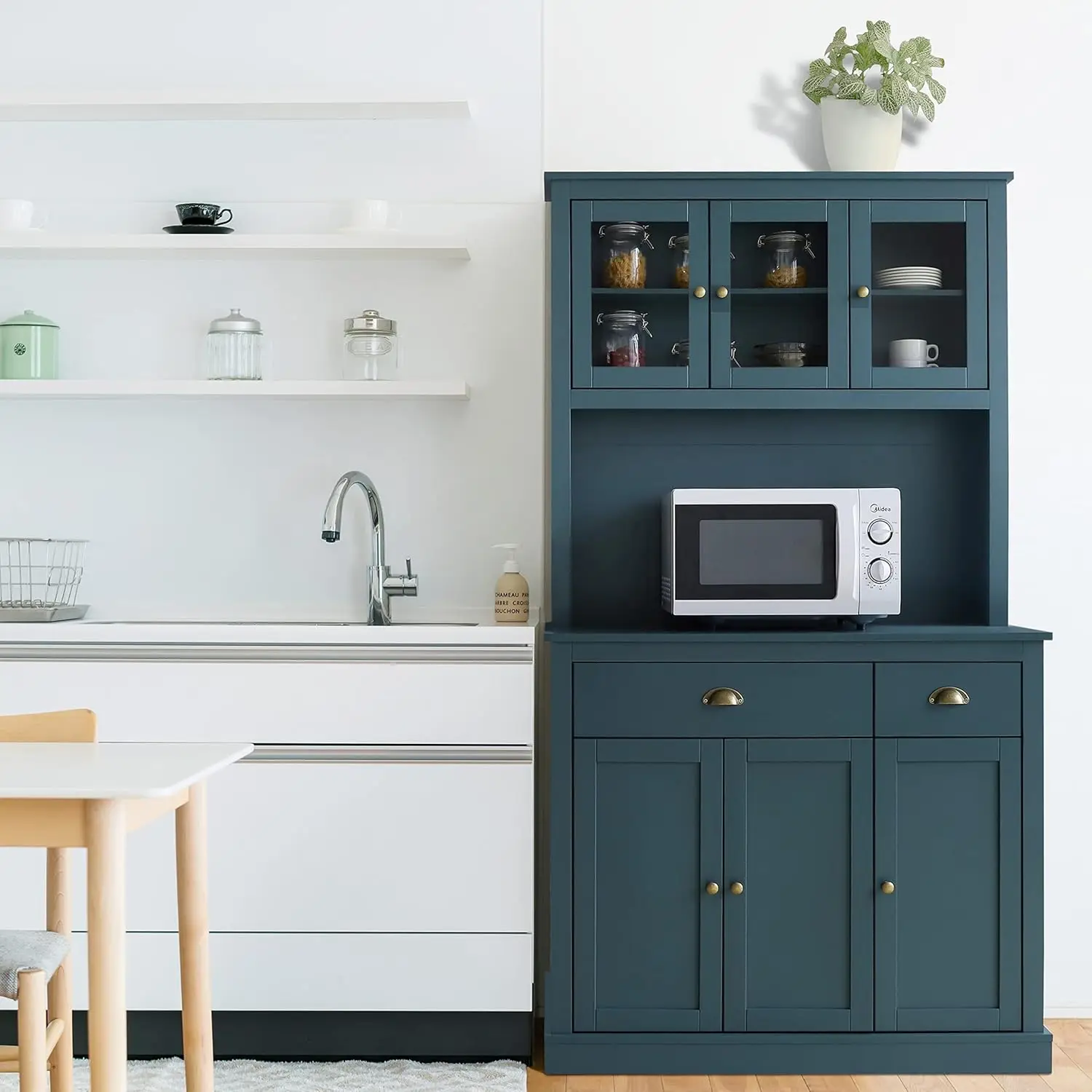 71''H Pantry Cabinet Kitchen Hutch Pantry Storage Buffet Cabinet w/Microwave Stand, 6 Cupboard and 2 Drawer, Dark Teal