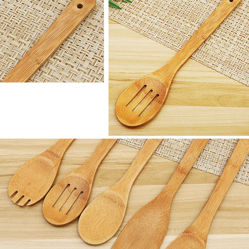 

5 PCS Bamboo Wooden Spoons Kitchen Utensils Set Cooking Tools Eco Friendly Salad Serving Mixing Spatula Non Stick Safe