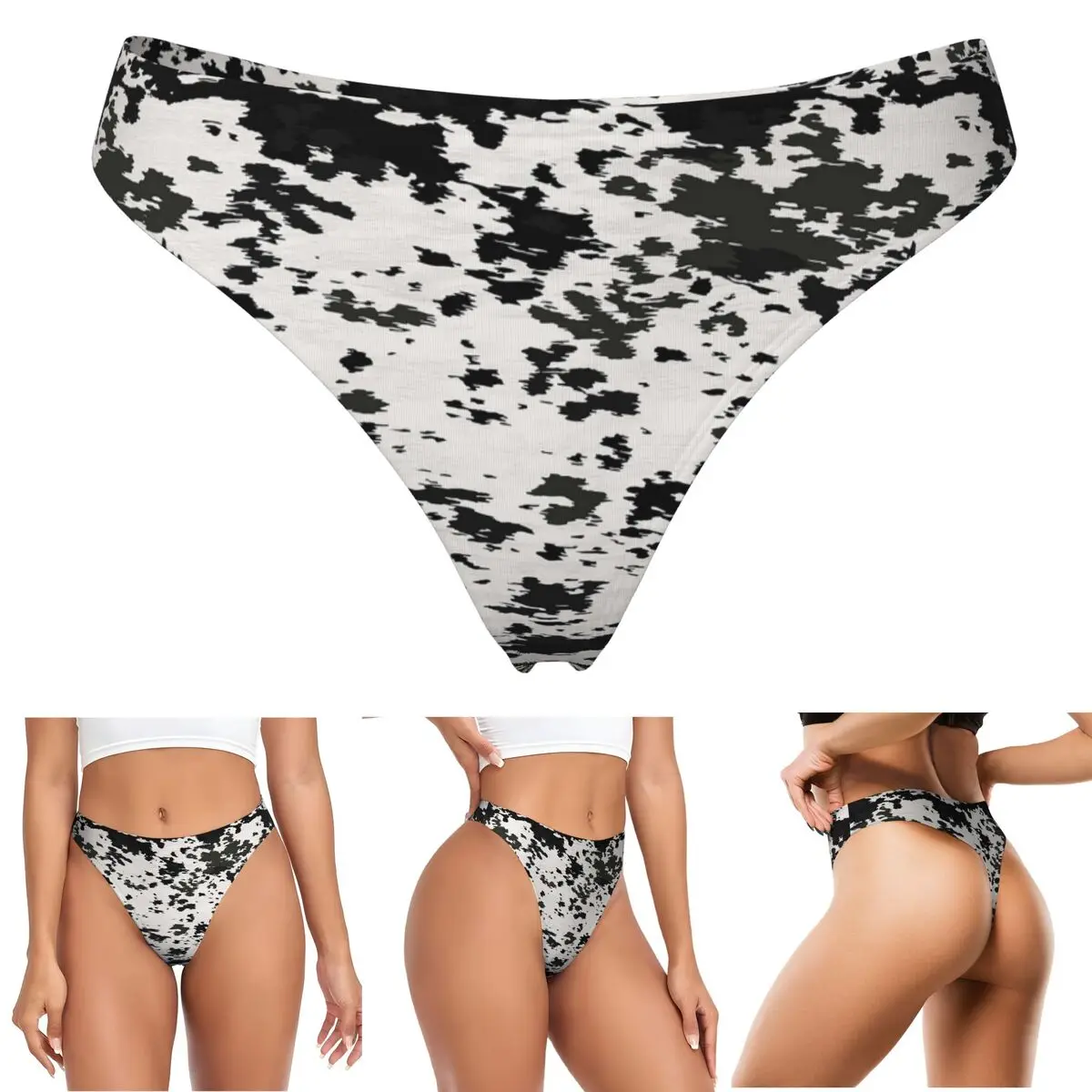Custom Cow Hide Black And White G-string Panties Breathable Women Stretch Thongs Comfort Underwear