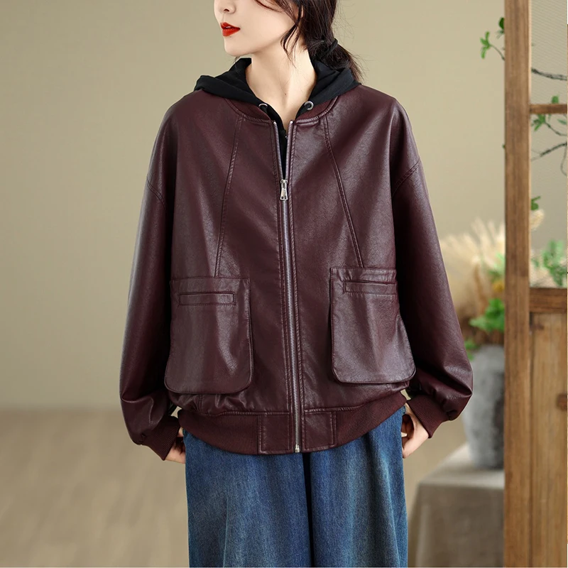 Masss Wasss Autunno Donna Classico Vintage Soild Giacche a vento oversize Moda donna Casual PU Giacche Cappotti larghi in ecopelle