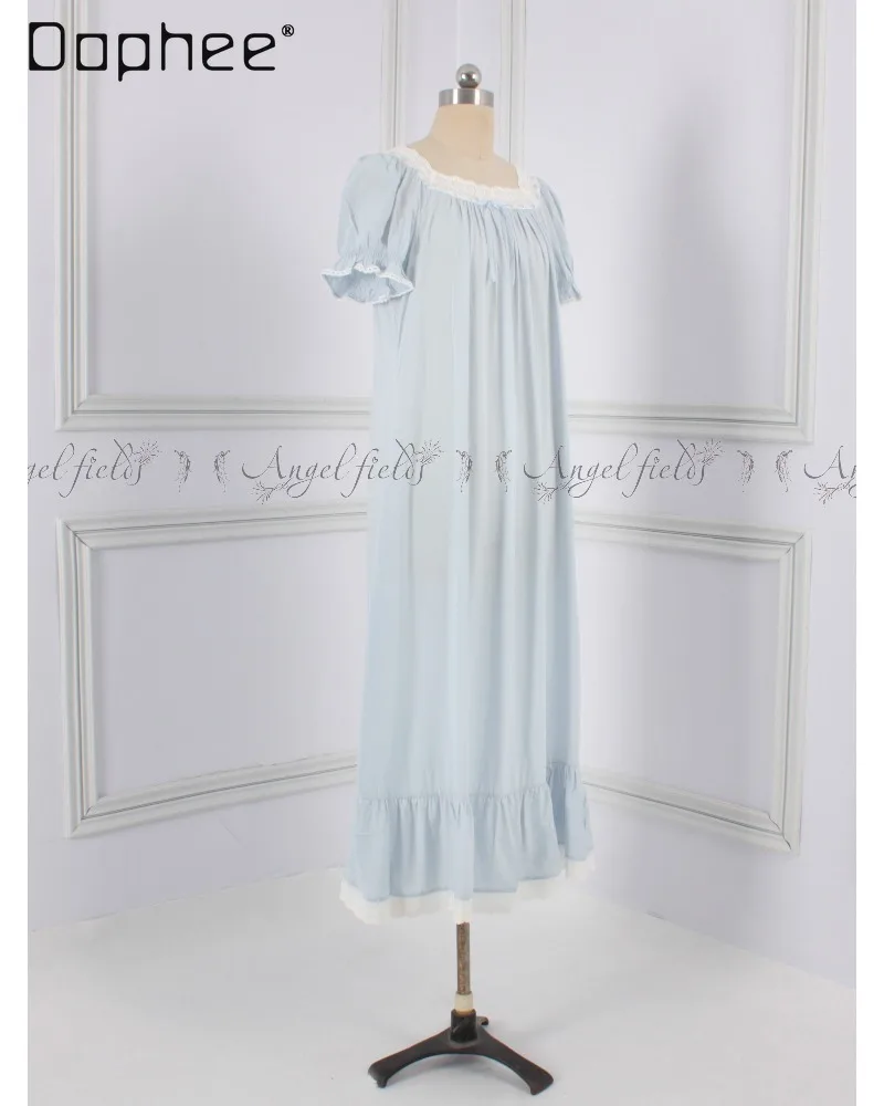 French-style Gentle Princess-style Nightgown Square Neckline Lace Trim Ruffled Sleeves Long Skirt Comfortable Women Homewear