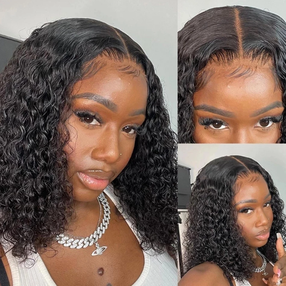 Perucas de Cabelo Brasileiro Curly Bob Profundo, Cor Preta Natural, HD Lace Front Part, Transparente Lace Frontal, Elegante Onda De Água, 4x4