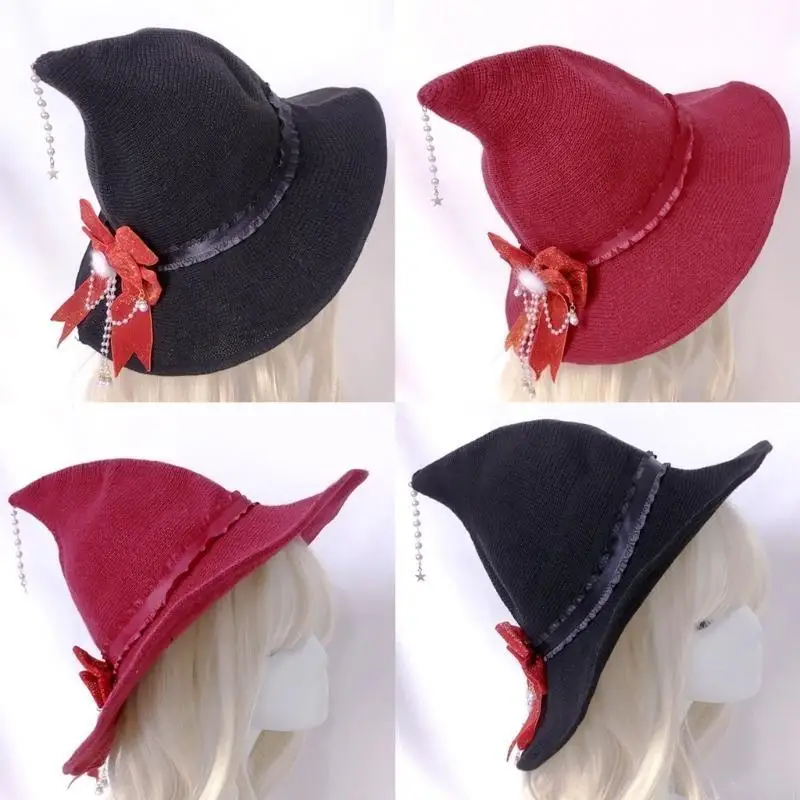 Halloween Witch Hat for Women with Tassels Bowknot Y2K Lolitas Photography Props Female Wizard Cosplay Headgear