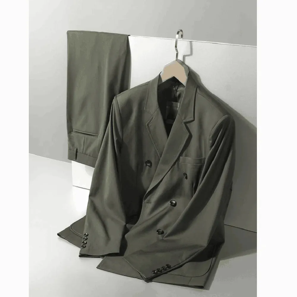 Green Men Suits 2025 Summer Fashion Notch Lapel And Double Breasted Men'S Clothing Casual Daily 2 Piece Set Blazer Pants Custom
