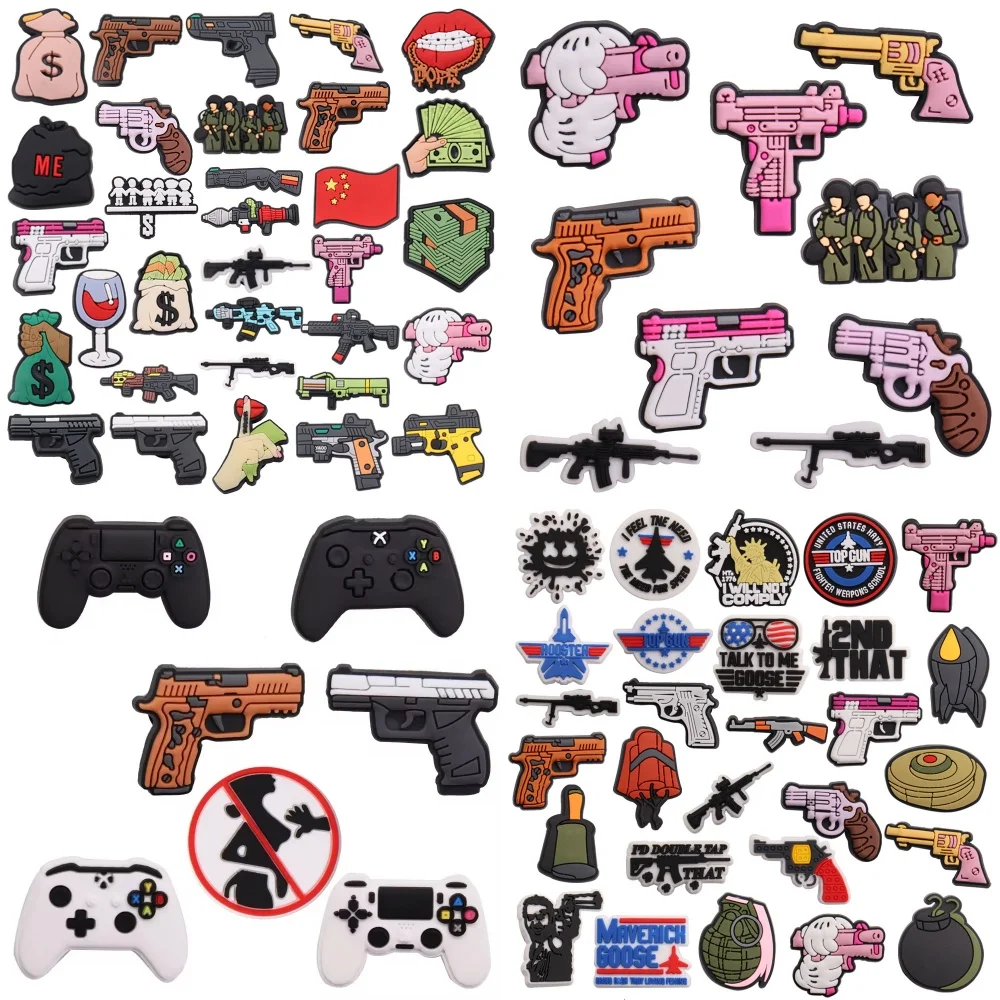 7-32PCS Cartoon Gun Army Money Bomb Game Controller Grenade Missile PVC Shoe Charms Sandals Shoes Decoration Accessories 