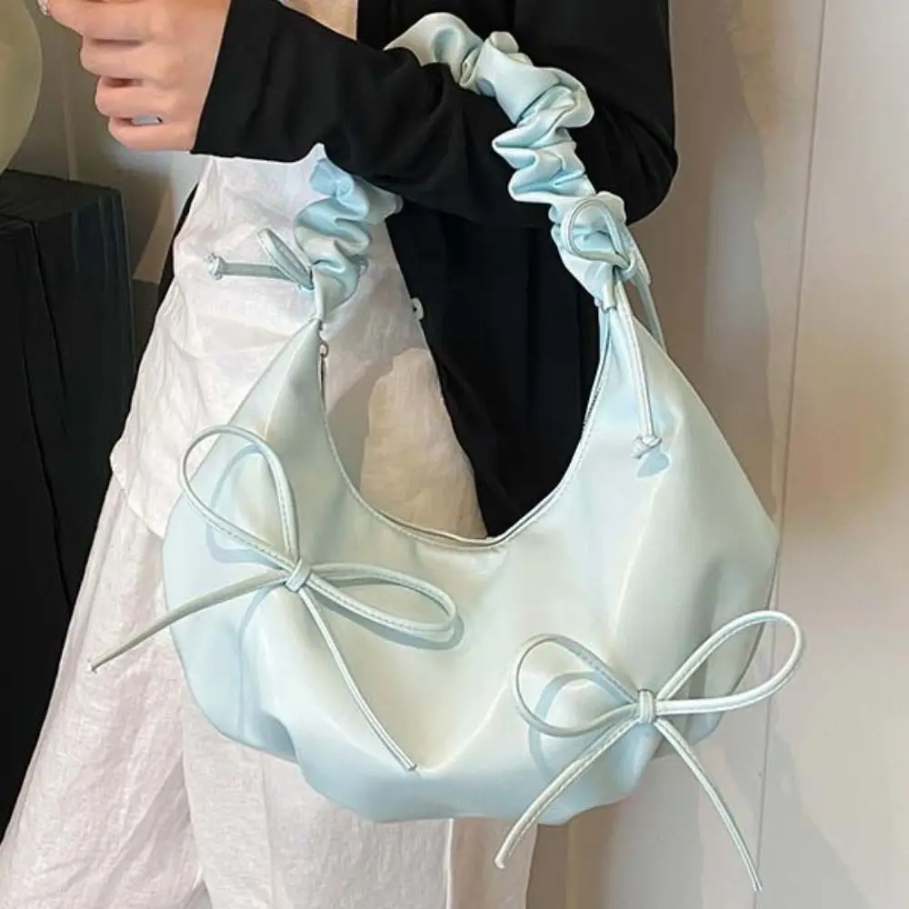 

Waterproof Korean Style Pleated Bow Tote Bag Handbag Pleated Strap Underarm Bag French Style Solid Color Dumplings Bag Women