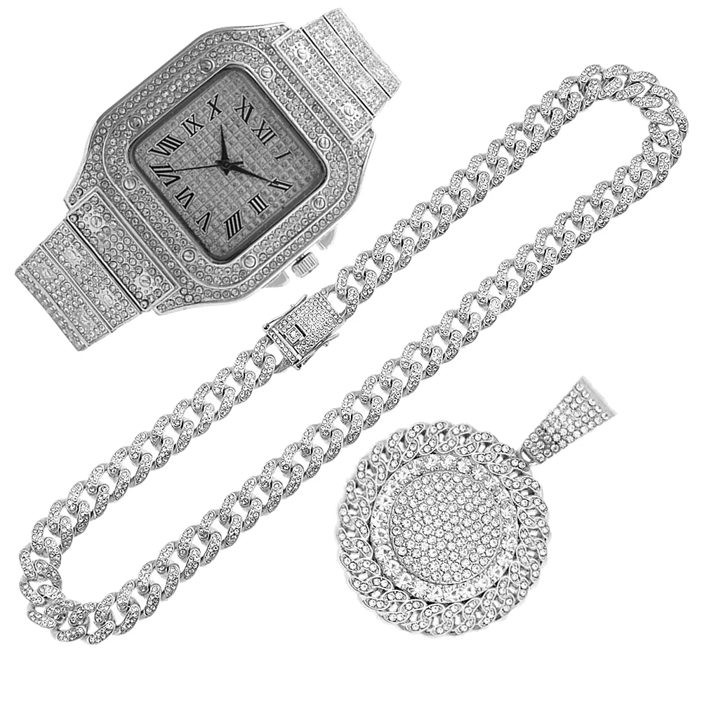 

2pcs Iced Out Watch Necklace Pandents AAA Rhinestone 13MM Miami Cuban Chains Bling Hip Hop Luxury Gold Watches for Men Jewelry