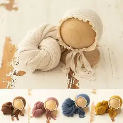 Newborn Photography Props Baby Wraps Hats Set Stretch Soft Houndstooth Wrap Cap Infant Photo Backdrop Shoot Studio Accessories