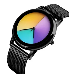 Nuevo reloj único para mujer, reloj de pulsera de cuarzo con esfera cambiante colorida informal a la moda, relojes simples de acero ultrafinos para mujer, regalo especial