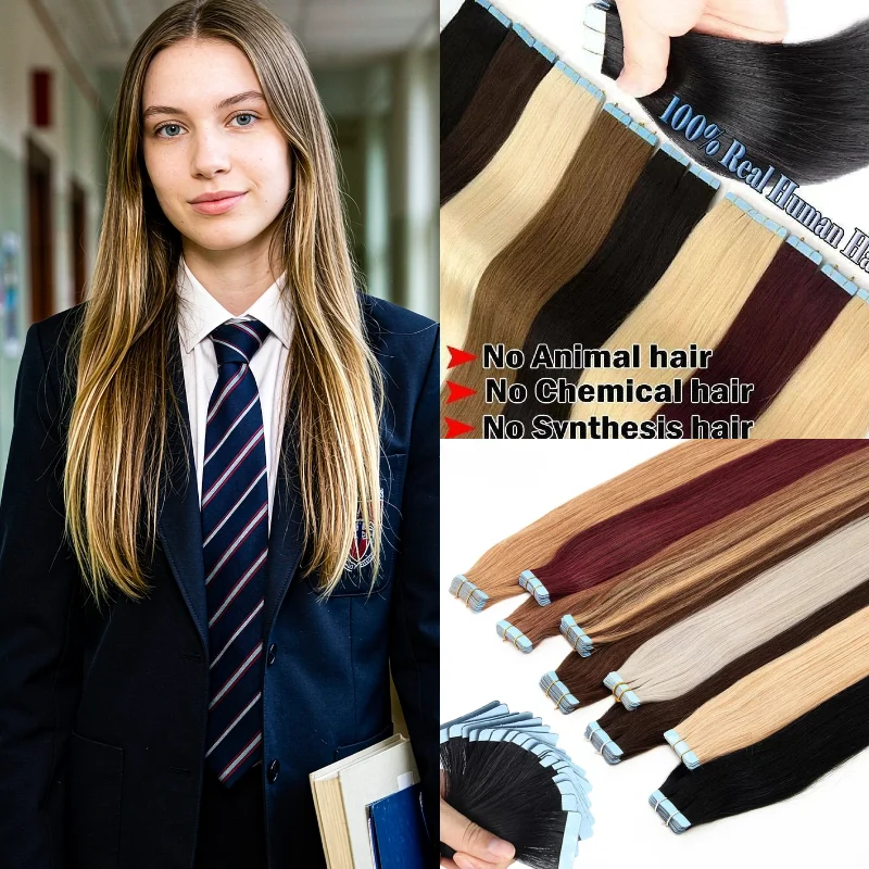 100-human-hair-tape-in-hair-wig-20pcs-16inch-straight-1b-p4-613-for-more-fullness-style-change-office-look-wholesale-dropshi