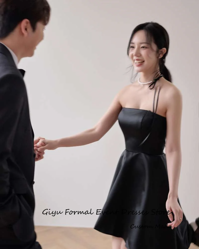 Giyu Simple Black Satin Wedding Dresses Mini Strapless Bride Dress Korea Wedding Photoshoot Evening Party Formal Dress