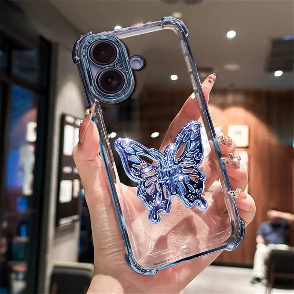 Transparent Butterfly Holder Anti Drop Cover For iPhone 16 15 14 Plus 13 12 11 Pro S MAX XR 7 Shockproof Protection Phone Case