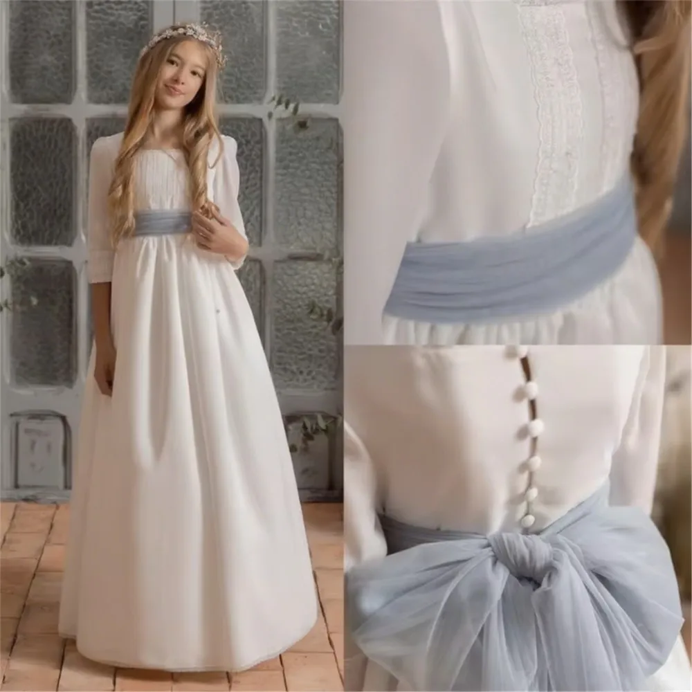 

Elegant Flower Girl Wedding Dress Bow Belt Lace Half Sleeves Kids Birthday Party Banquet Dress First Communion Gown Customized