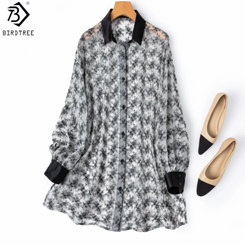 Birdtree, 100% Silk Sheer Blouse, Long Sleeve Lapel Shirt, Women Georgette Embroidery Tops, Sun Protection, 2026 New T65906JF