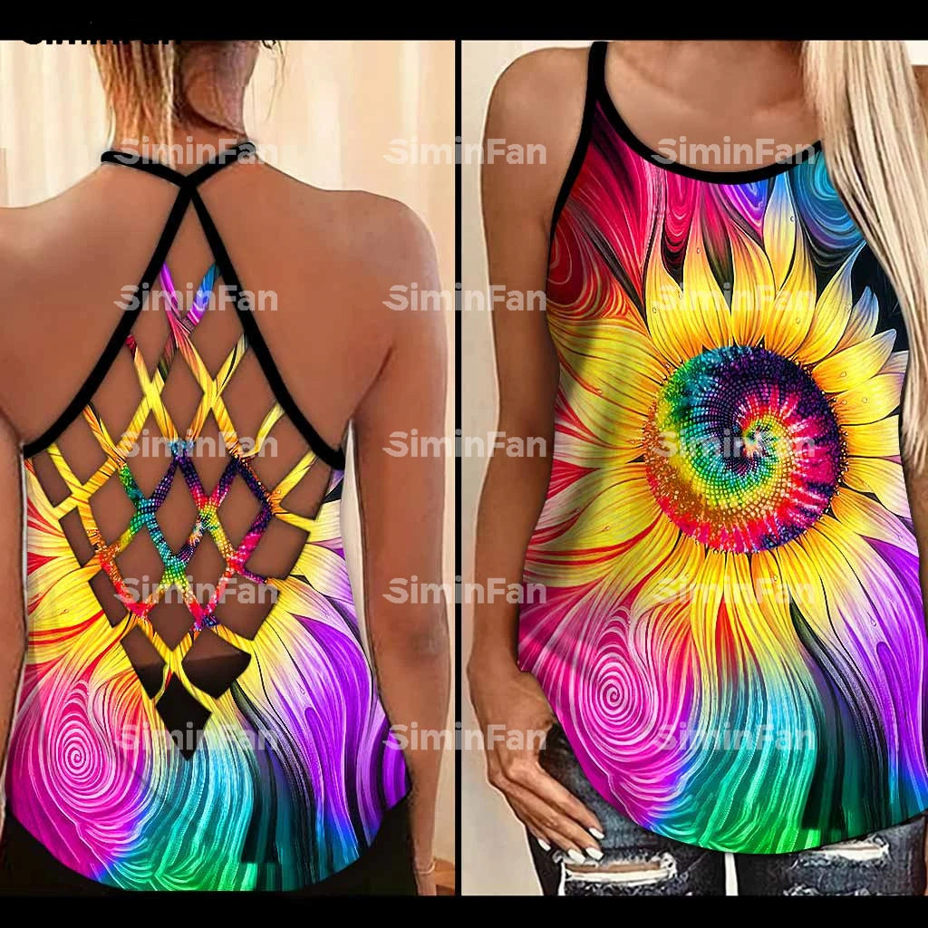 Imagem -05 - Colorido Hippie Girassol Tie-dye 3d Impresso Feminino Oco para Fora Camis Criss Cruz Tanque Superior Aberto para trás Colete Feminino Malha Recorte Camisa