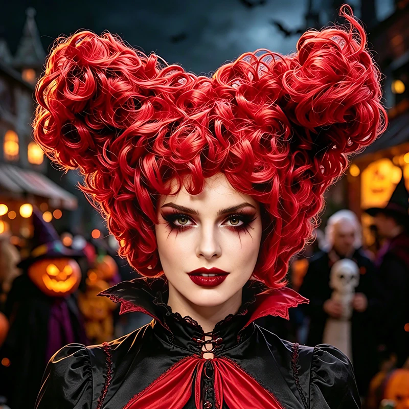 Burgundy Synthetic Short Fluffy Curly Heart Shaped Buns Wig Cosplay Anime Halloween Party Costume Role Play