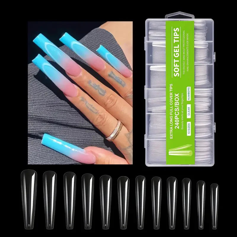 

240pcs Boxed Ballet Transparent Extra Long Nail Tips Soft False Nails Extension Press On Nails 12 Sizes For DIY Nail Salon