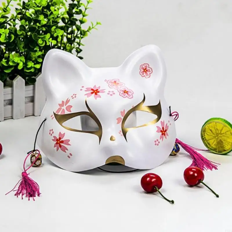 

P88A Japanese Animal for Cat Half Face Mask with Tassels Small Bells Hand-Painted Cosplay Anime Party Costume Masquerade Facny