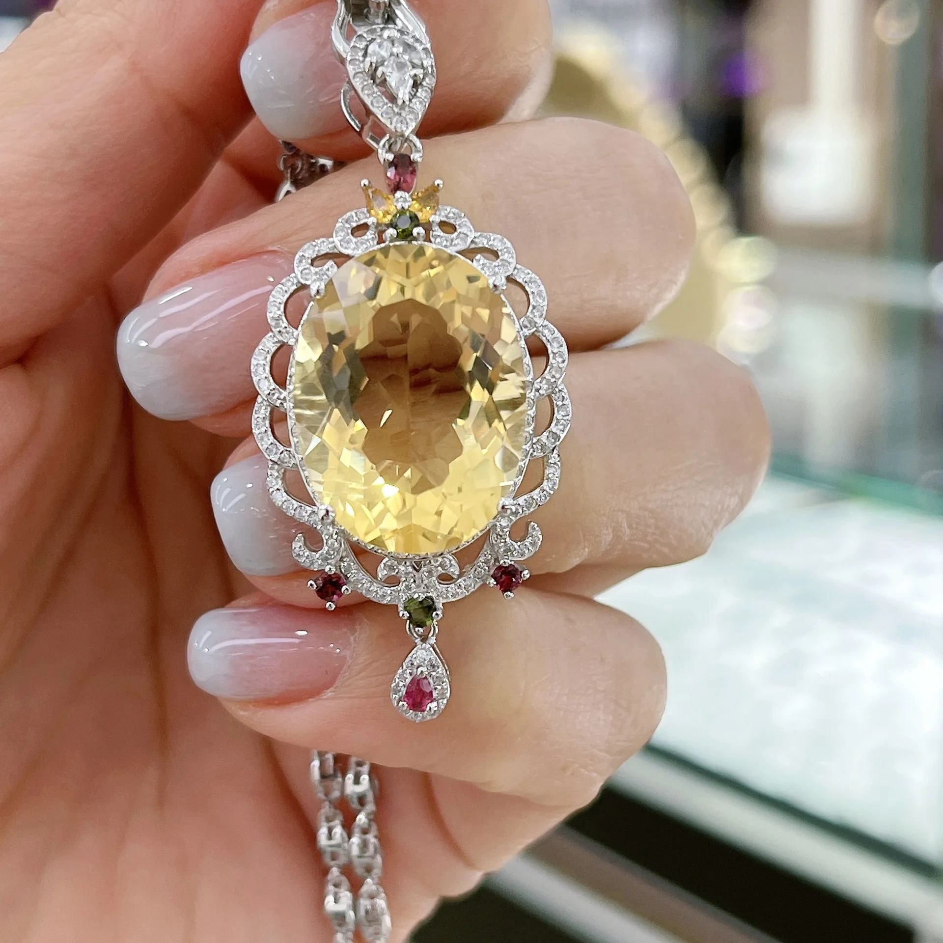 

Citrine Pendant 15x20mm No Chain French Niche, S925 Silver White Gold Plated Gemstone