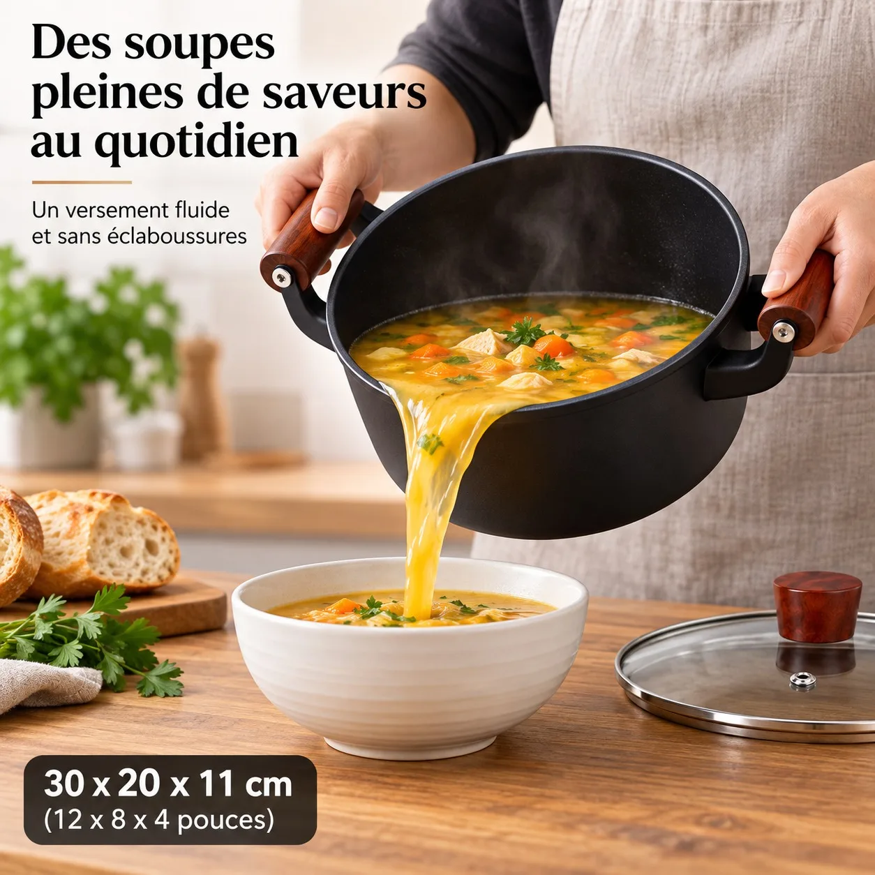 Olla de aluminio forjado para cocinar, de 30x20x11 cm, con tapa de vidrio y asas con efecto madera, olla antiadherente para sopas y guisos, compatible con cocinas de inducción y de gas.