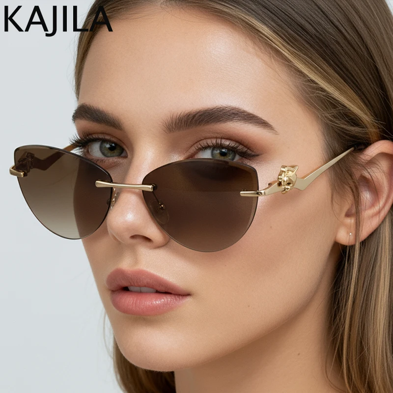 

Oversized Cat Eye Rimless Sunglasses Women 2025 Luxury Brand Classic Metal Frame Punk Sun Glasses Trendy Cateye Shades UV400