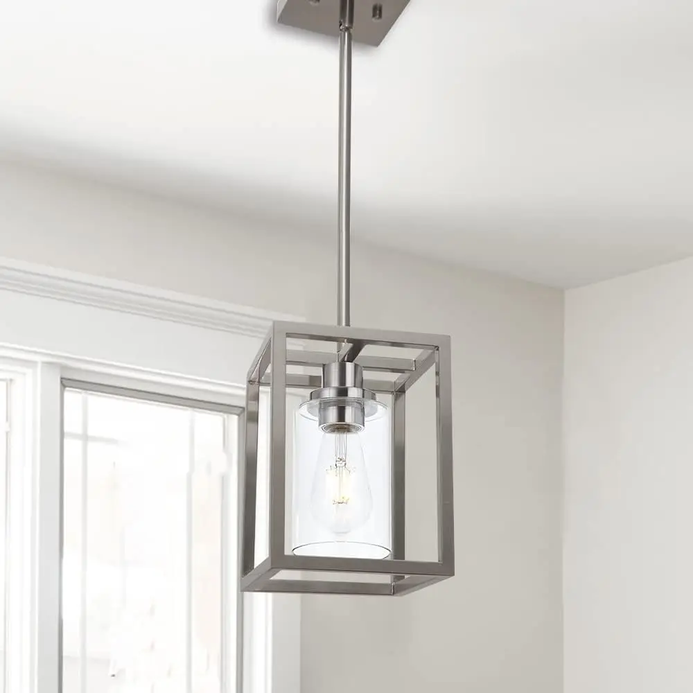 Contemporary Pendant Lighting,Single 1 Light Brushed Nickel Cage Hanging Light with Clear Glass Shade for Kitchen Island