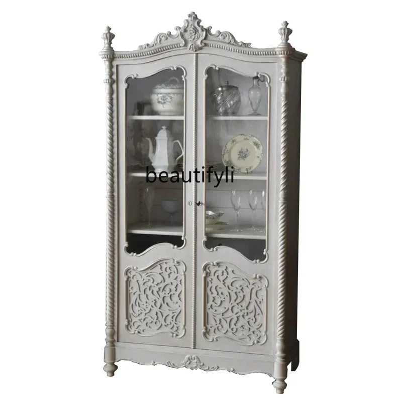 182Q French solid wood dining  European carved Roman column storage display cabinet, living room retro bookcase
