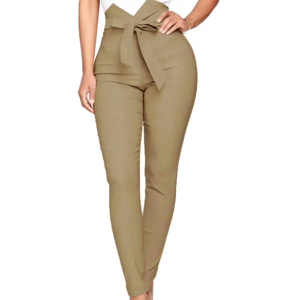 Lady Solid Color High Waist Bow Belt Elastic Women Pencil Pants Trousers Waist Bow Belt Elastic Slim-Fit Pencil Pants