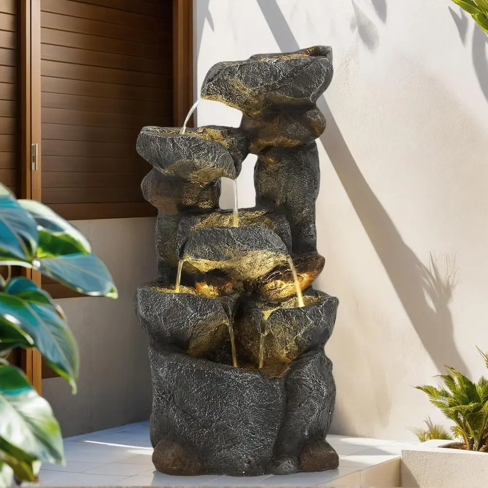 

35 6-Tier Rock Waterfall Fountain with LED Lights - Outdoor/Indoor Modern Floor Fountain for Garden and Patio