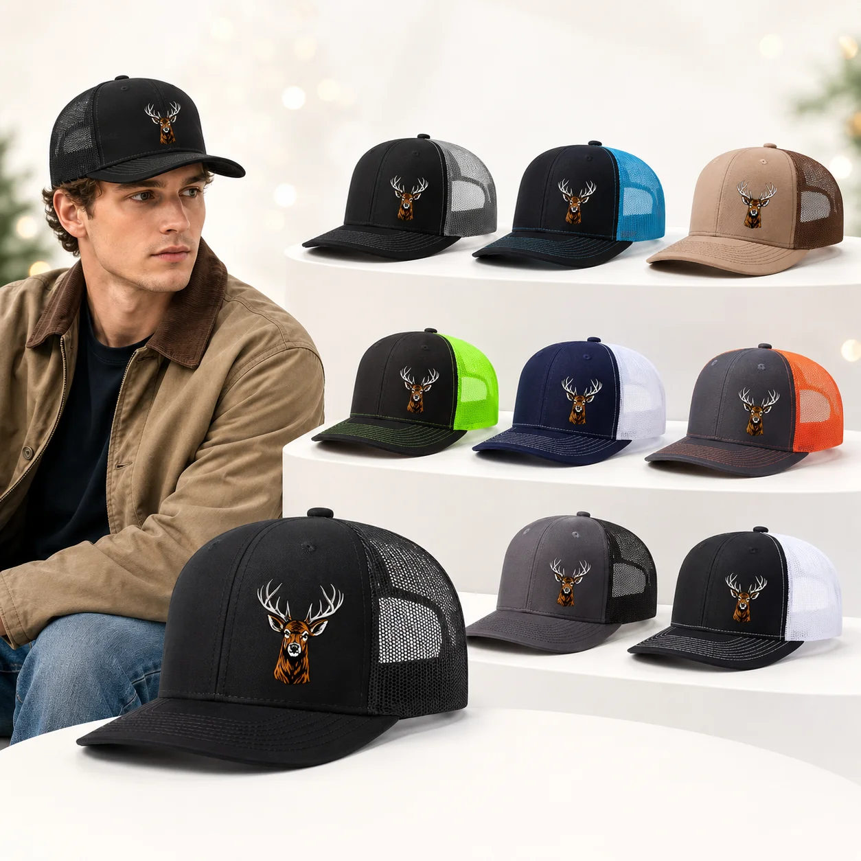 Men's deer head printed truck cap, breathable mesh spliced baseball cap, suitable for outdoor, fishing, and daily casual wear