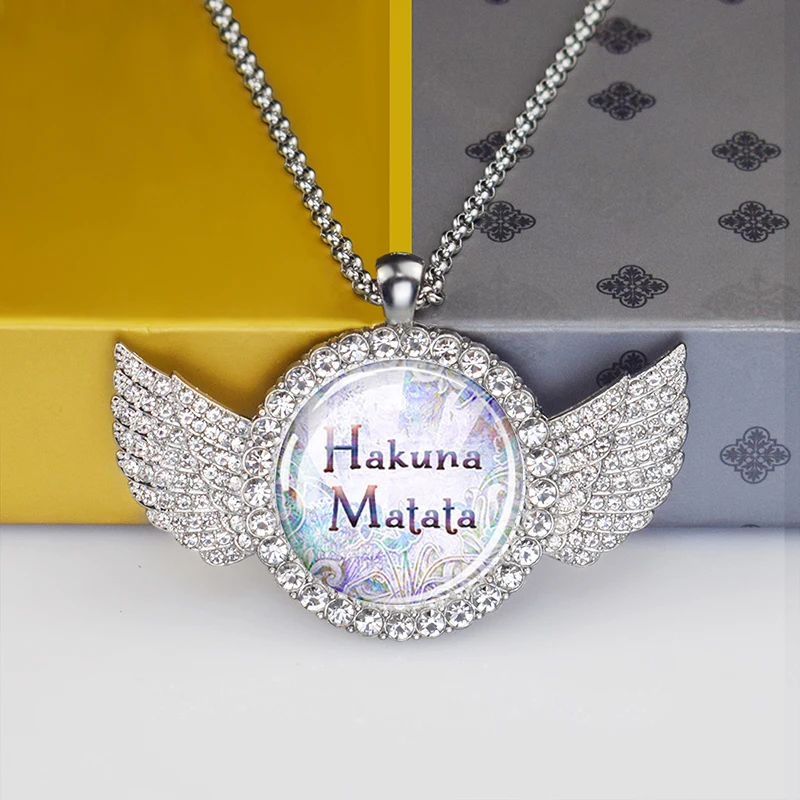 Esspoc Lovely Quote Necklace Quotes Hakuna Matata Glass Dome Pendant Crystal Necklaces Bohemia Long Chains Necklace Wholesale