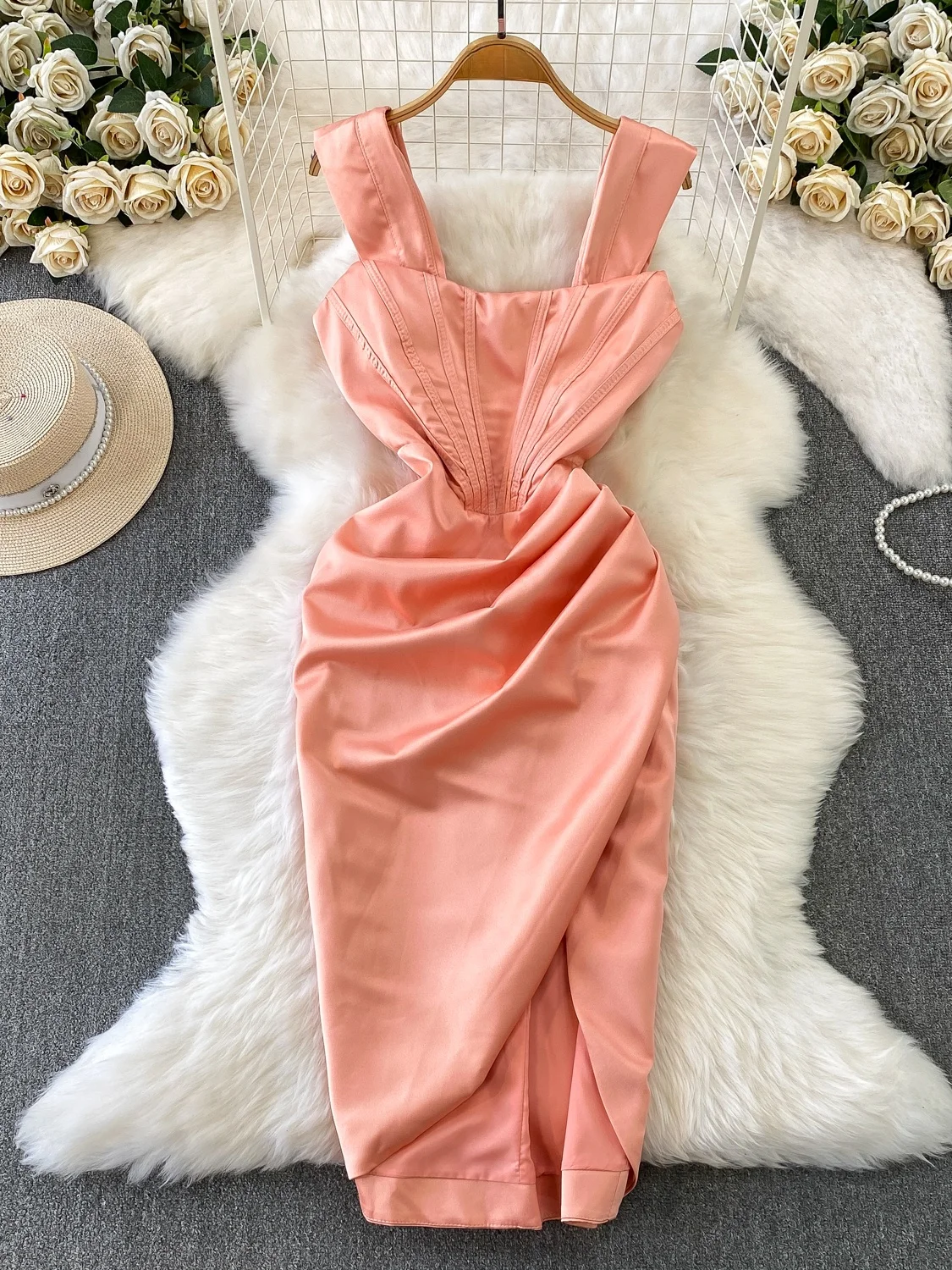 Ele Fibone Taille Cinching Slit Dr Damen Faionable Strapl Kleid Hohe Taille Design für Herbst Winter Abnehmen