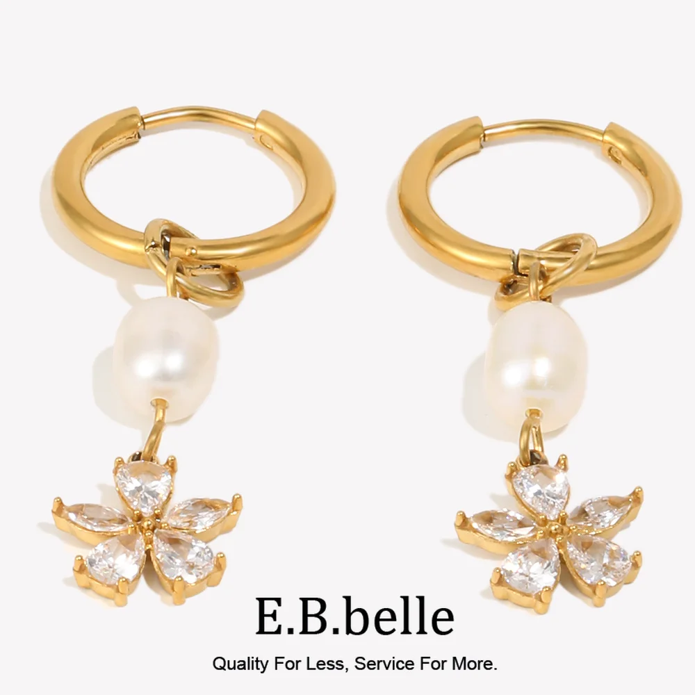 E.B.belle Women's Pearl Flower Tassel Hoop Earrings Stainless Steel Sweet Style Long-lasting Color Versatile Style Jewelry