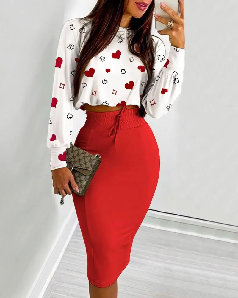 Women Printed Skirt and Long Skirt Set Summer Short Skirt Long Sleeve Women Top Printed Casual Set Sweet and Elegant Set