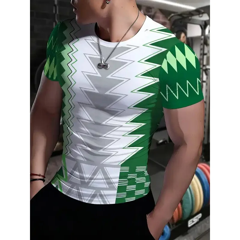 Men's Quick Dry Compression T Shirt Short Sleeve Elastic Breathable Chevron Geometric Print Green White