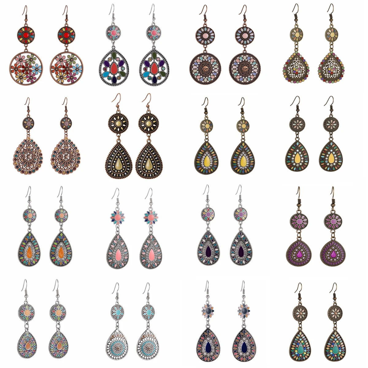 Bohemia Double Layer Flower Round Earring Women's Vintage Multicolor Enamel Floral Waterdrop Pendant Earrings Fashion Jewelry