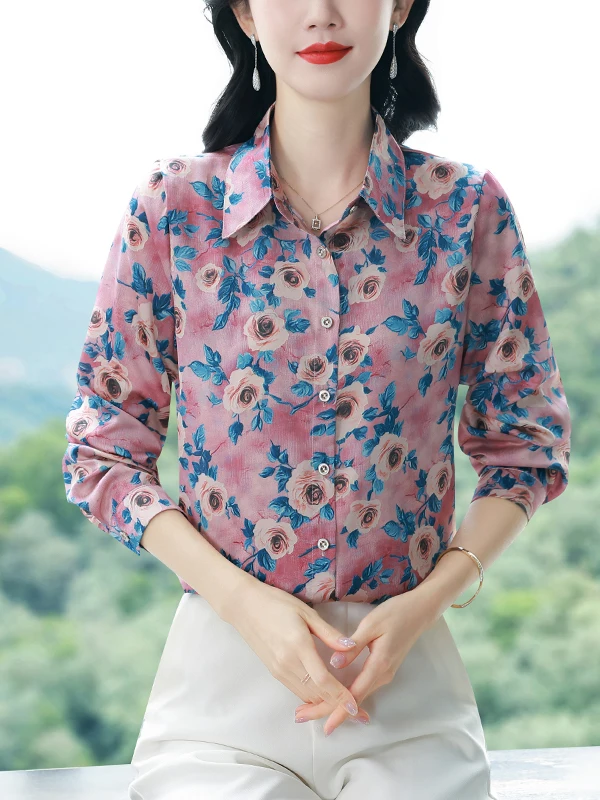 

Женская шелковая блузка Ele Silk с длинным рукавом, цветочным принтом и воротником, универсальная, модная, из мягкого атласа, свободного кроя, удобная, для весеннего сезона