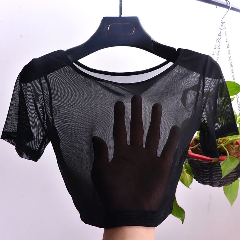 

Women's Summer Short Sleeve Mesh under Shirt Halter Neck Lace Top Black White Sexy plus Size T-Shirt Inner Wear Base Layer