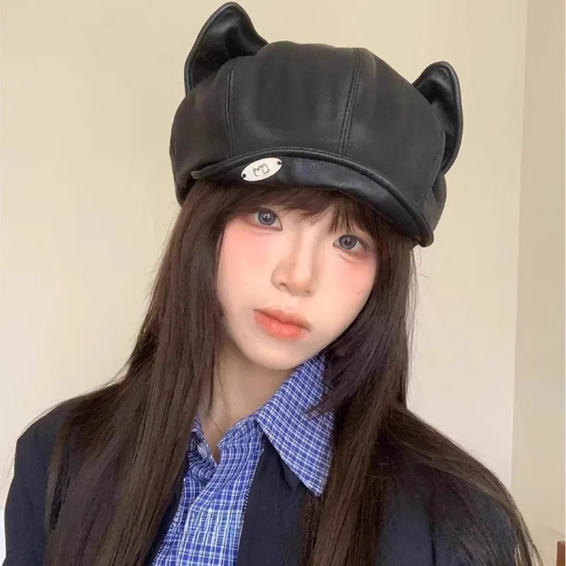 Boina nova outono e inverno orelha de gato retro couro pintor chapéu casual versátil usar chapéu octogonal britânico chapéu abóbora