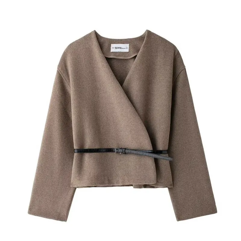 

Autumn Winter New Soft V-Ne Long Sve Jaet Coat Women's Faion Belted Outerwear Loose Fit Sle Regular Length