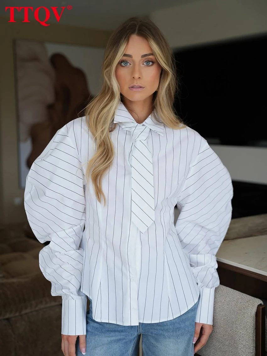 

Женская блузка TTQV Fashion 2026: Свободная рубашка в полоску с отложным воротником, длинным рукавом, элегантный классический топ с завязками, повседневная женская одежда