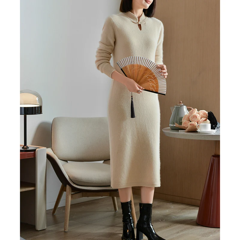 Cashmere sweater long autumn/winter new 100% pure wool pullover casual knitted stand collar Tops ladies fitted long skirt