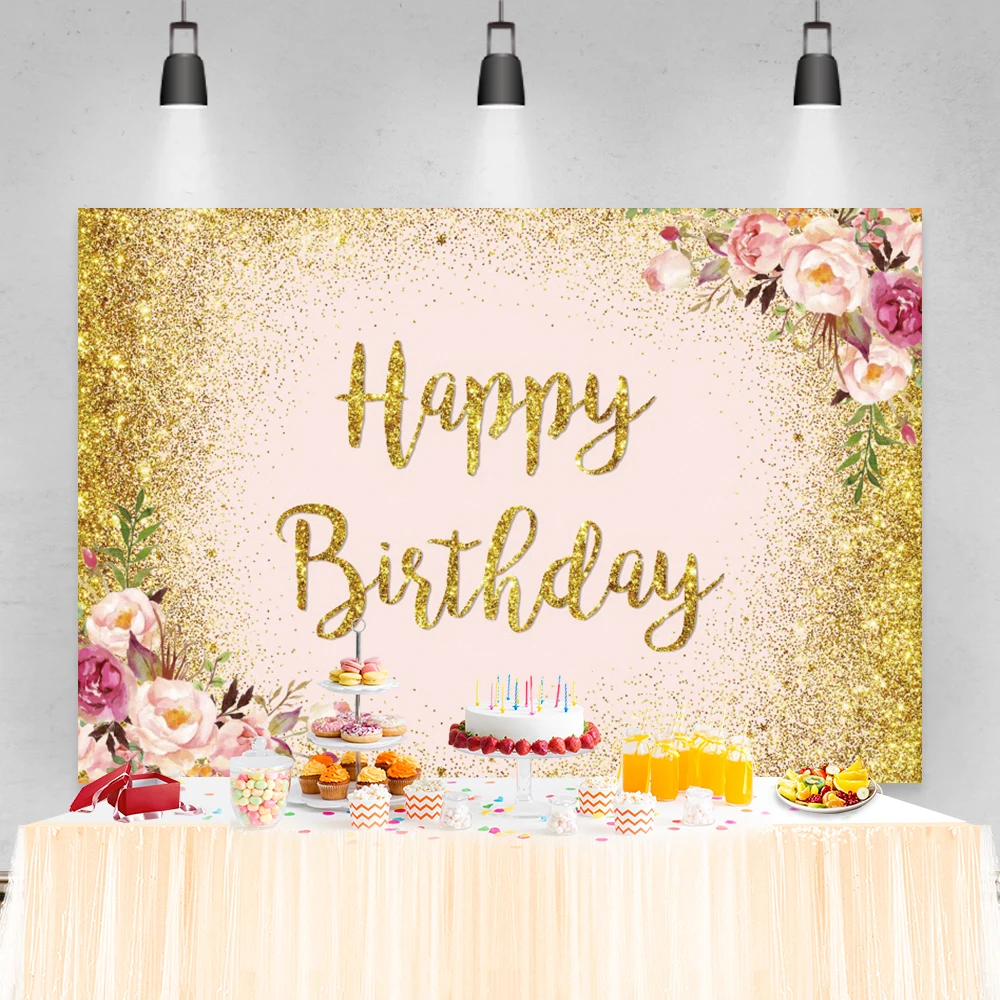 Laeacco Schwarz Gold Glitters Glücklich Geburtstag Party Fotografie Hintergrund Name Angepasst Portrait Vinyl Hintergrund Für Foto Studio