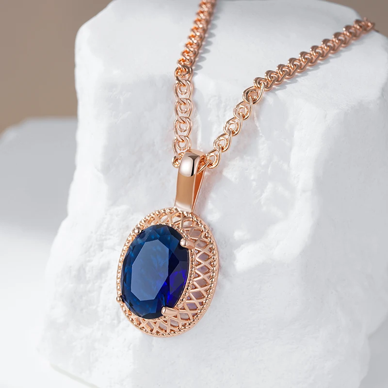 Kienl Hot Oval Blue Natural Zircon Pendant Necklace for Women Trend 585 Rose Gold Color Ethnic Bridal High Quality Daily Jewelry