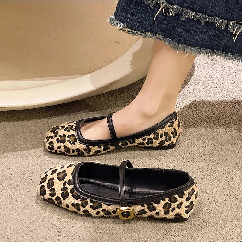 Luxury Horse Hair Leopard Print Ballet Flats Woman Classic Gold Buckle Strap Mary Janes Ladies Casual Soft Sole Shallow Loafers